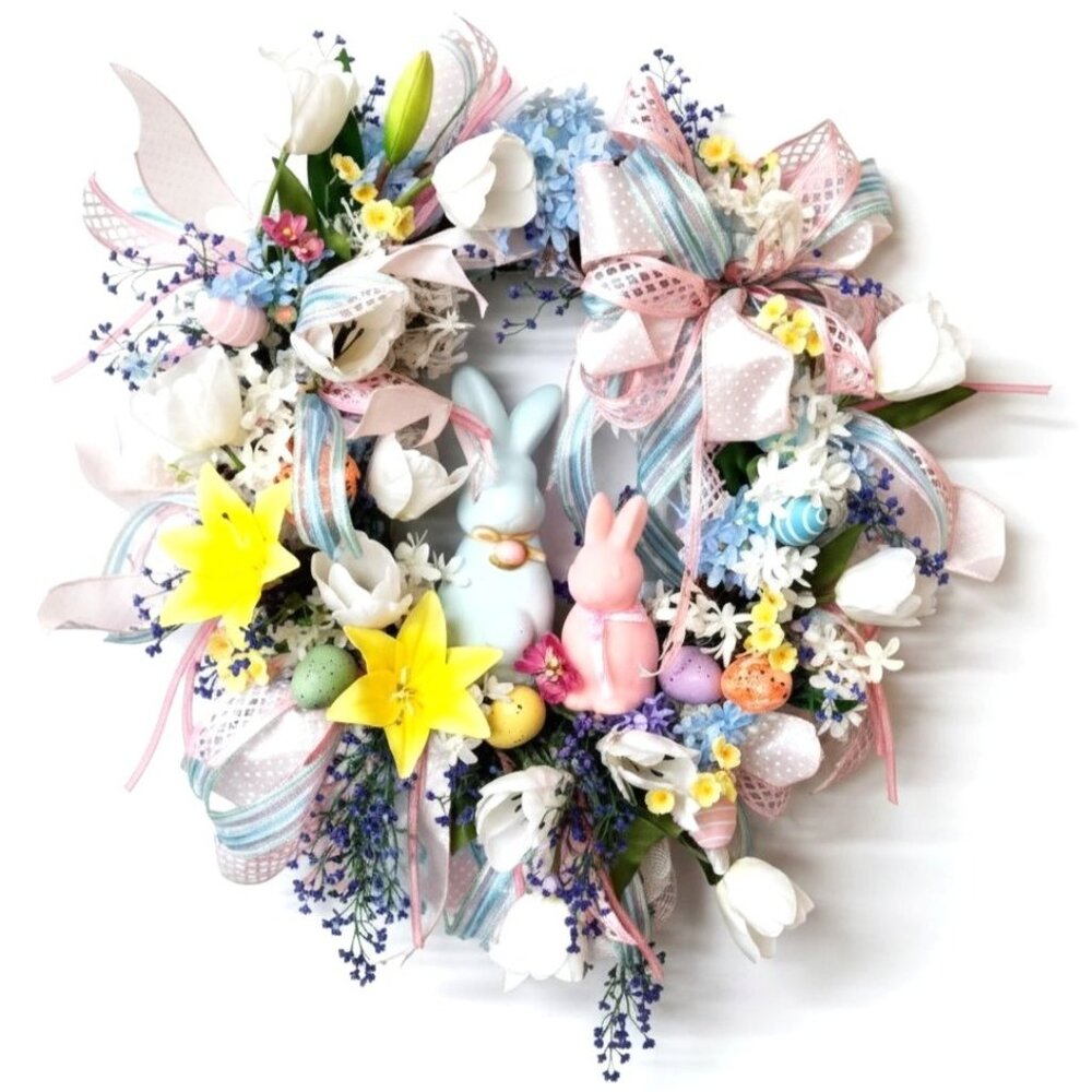Spring Easter Wreath Bunny Decor Pastel Flowers and Ribbons Large 28 Inch